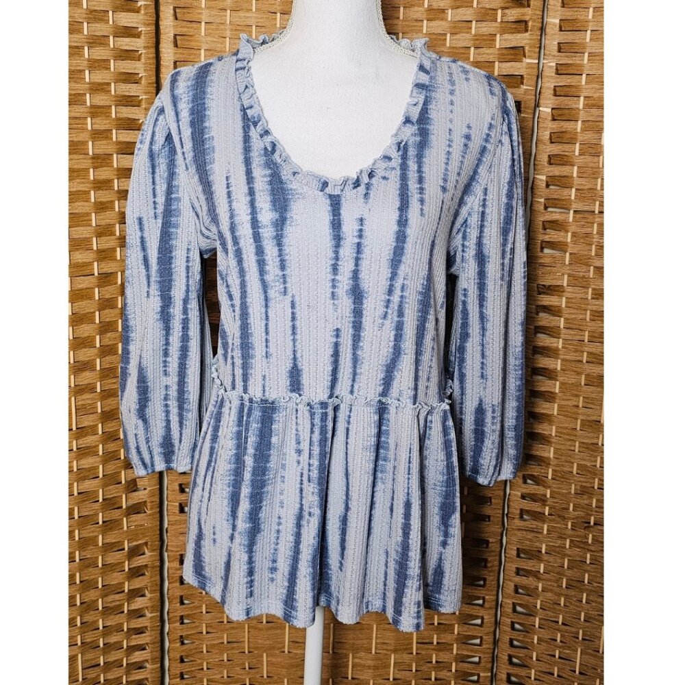 Como Blu Peplum Blue White Top Women's L NWT